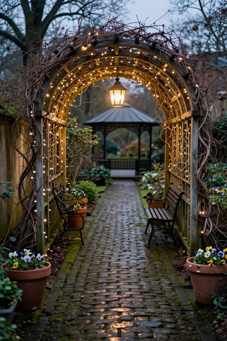 Vine-covered wooden archway with string lights and a hanging lantern over a wet mossy cobblestone garden path lined with benches and potted flowers leading to a gazebo.