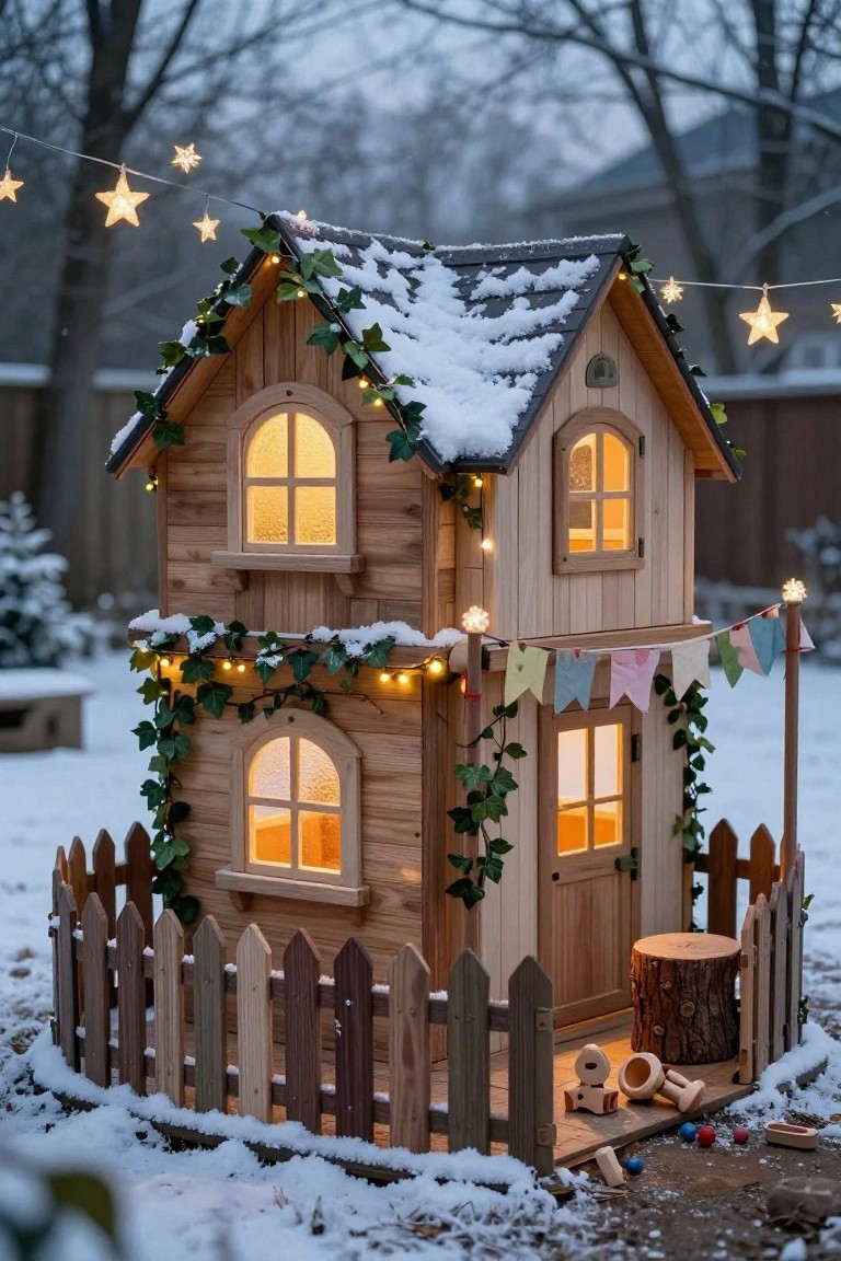 Small wooden two-story playhouse with snow-covered roof and ivy garlands, illuminated by warm string lights and star-shaped lights, fenced yard with wooden toys and stump on snowy ground at dusk.