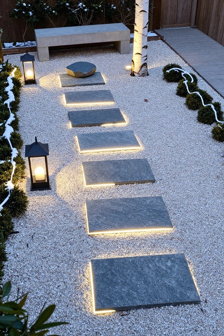 Overhead view of a gravel garden path lined with rectangular dark stone slabs featuring white LED underlighting along their edges, surrounded by snow-covered boxwood shrubs wrapped in fairy lights, black lanterns with candles, a concrete bench, and a birch tree near a wooden fence.