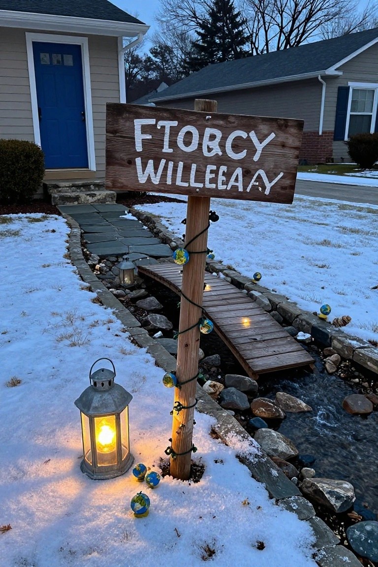 Snowy front yard with a slate stone pathway leading to a beige house with blue door, featuring a wooden sign on a post, small wooden bridge over a rock-lined stream, string lights, metal lanterns, and blue-tinted globe ornaments.