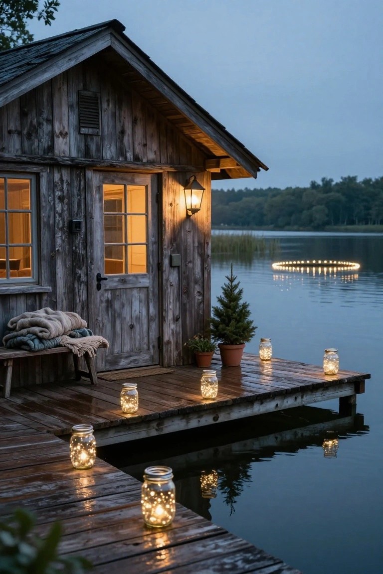 Wooden cabin on a dock extending over a lake at dusk, with multiple mason jar lanterns containing fairy lights placed along the pier, a bench with blankets outside the door, potted plants, a small Christmas tree, and a circular light reflection on the water.