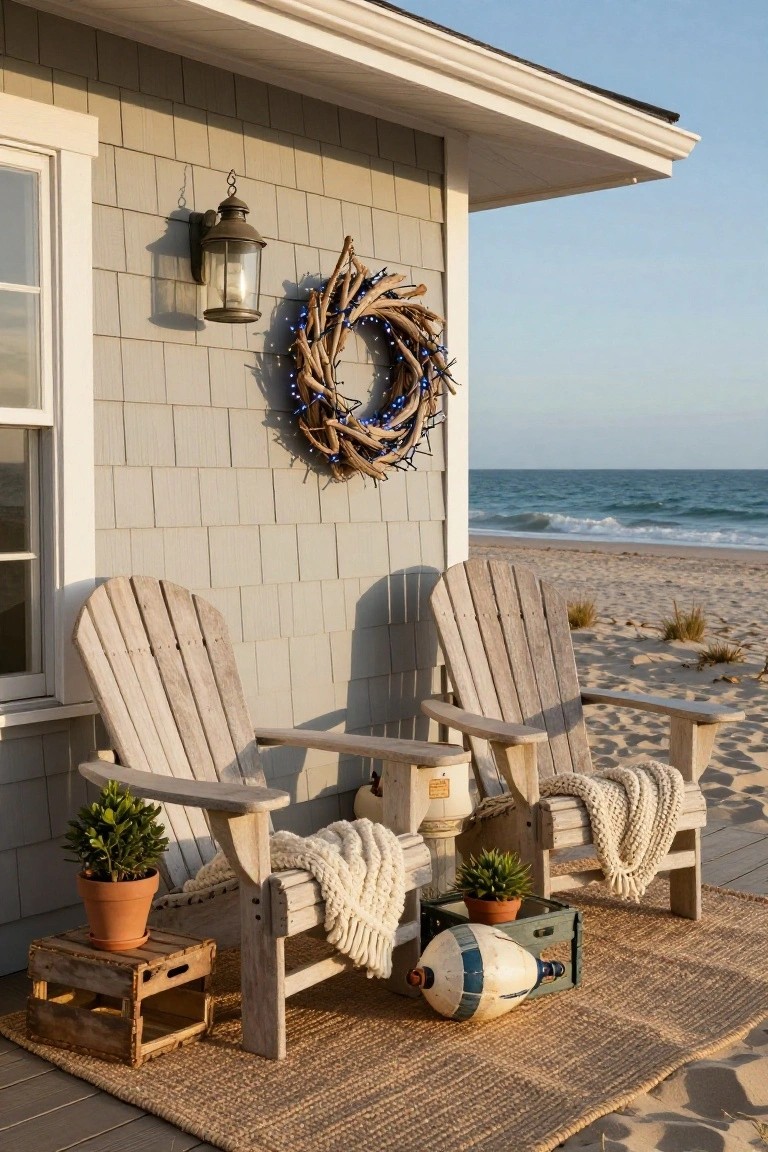 Gray shingled beach house corner with window, wall lantern, blue-lighted driftwood wreath, two wooden Adirondack chairs with blankets and potted plants on deck with seagrass rug, wooden crate, buoy, and sandy beach beyond.