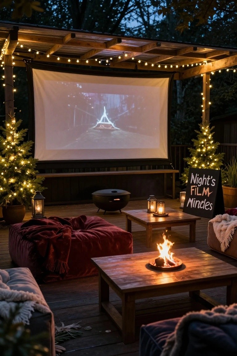 Wooden pergola on a deck at night with a projector screen displaying a movie, string lights overhead, two small lit Christmas trees, floor cushions, a fire pit with flames, lanterns, and a chalkboard sign at dusk.