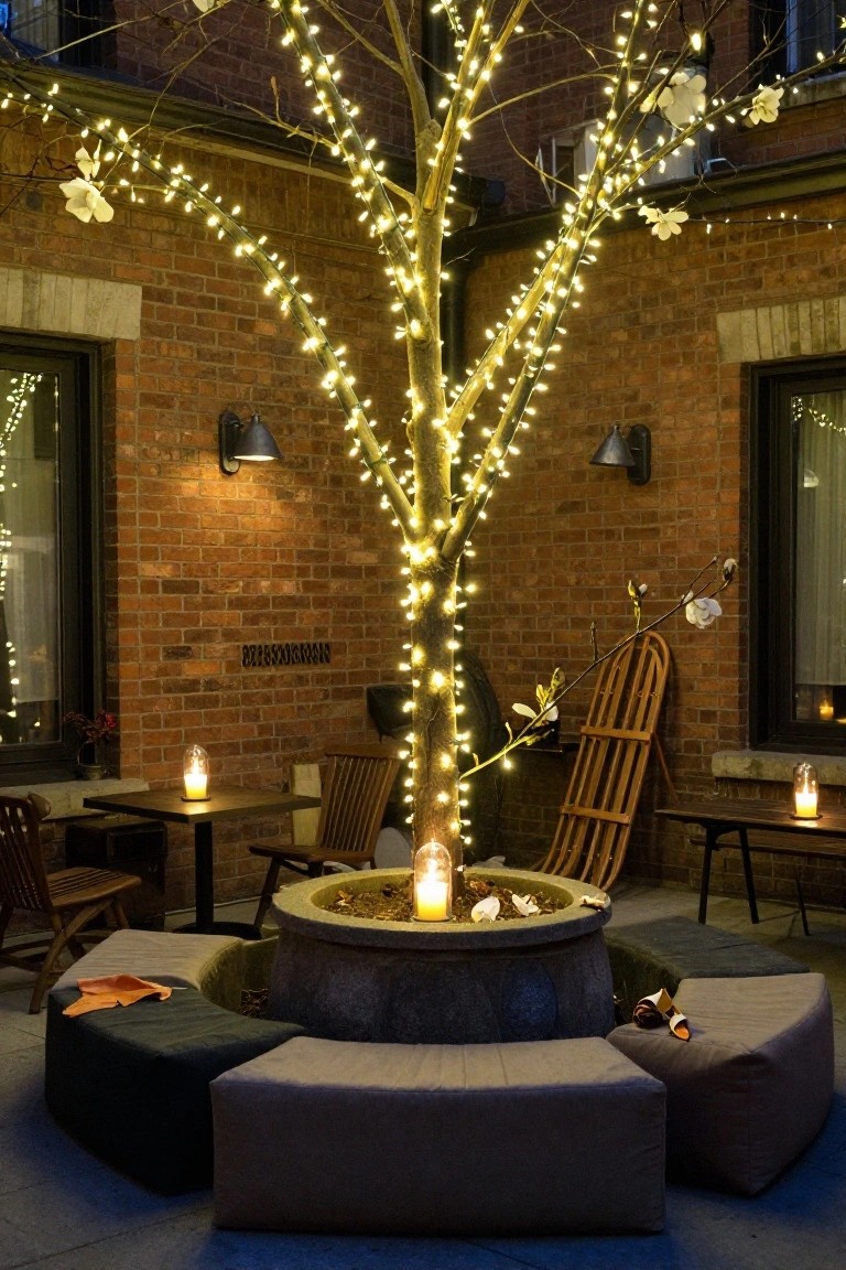 Nighttime photo of a brick-walled courtyard with a central bare tree covered in white string lights, circular cushioned benches around a stone fountain with candles, wooden chairs and tables with lanterns, and string lights on walls and windows.