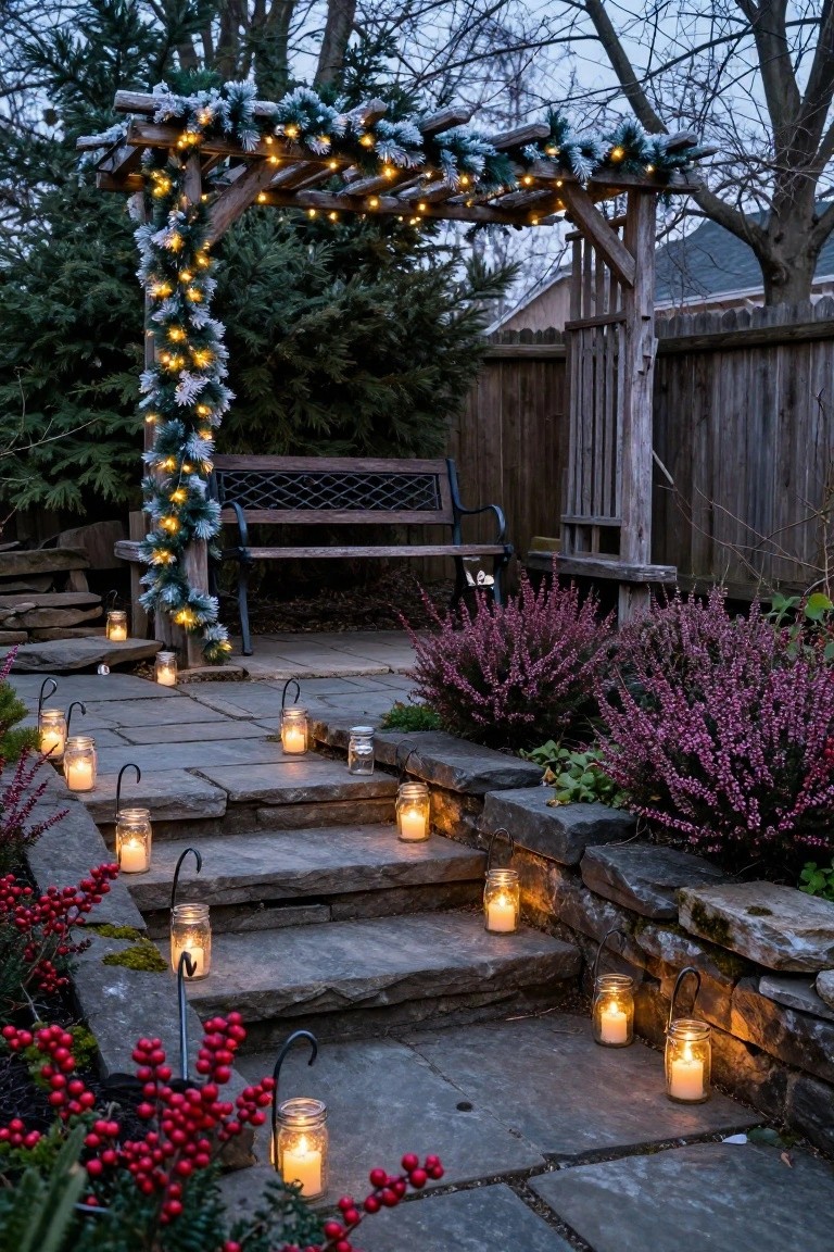 Wooden pergola covered in garland and string lights arches over a bench in a backyard with stone steps lined by mason jar lanterns, purple heather plants, and red winterberry shrubs.