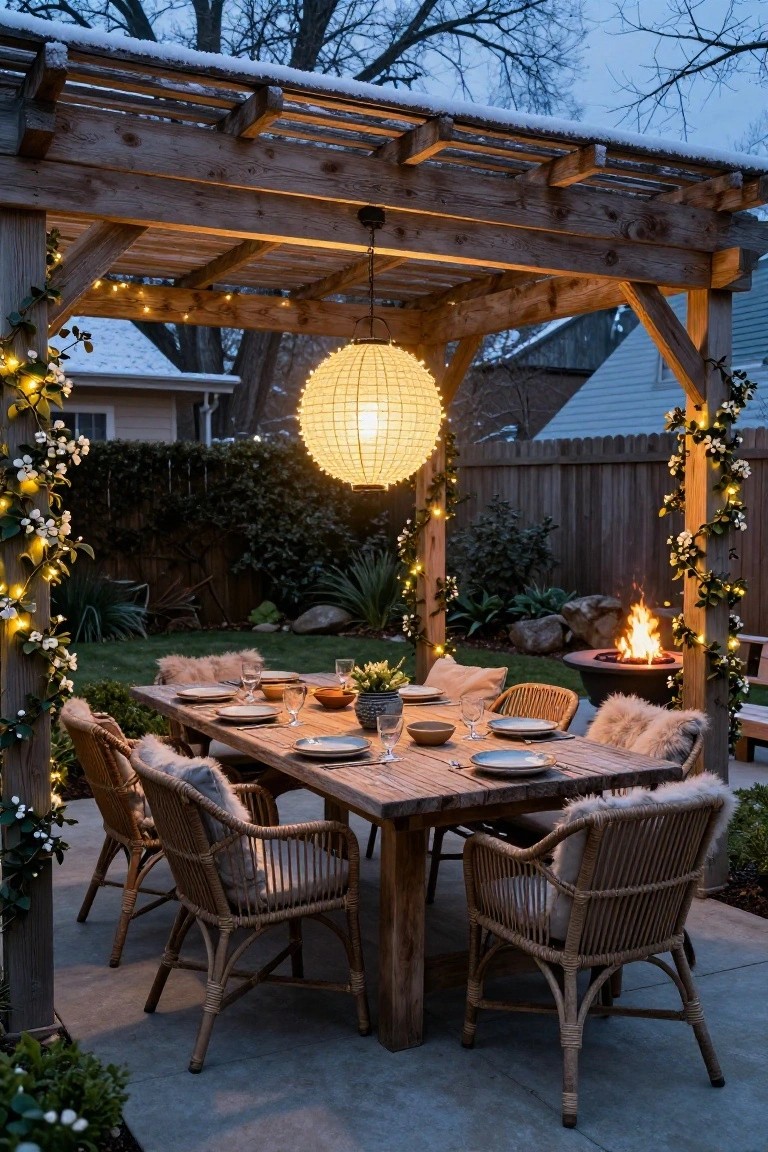 Wooden pergola with string lights and hanging lantern over an outdoor dining table set with plates and chairs, fire pit nearby, greenery, and light snow in evening light.