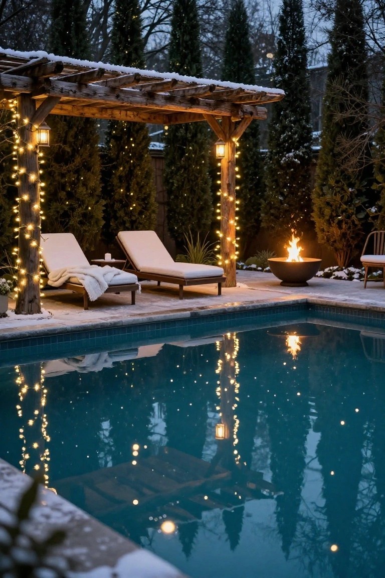 Wooden pergola covered in snow with string lights wrapped around posts and draped along beams over two lounge chairs with blankets near a lit fire bowl and turquoise pool edged in stone, surrounded by evergreen trees at dusk.