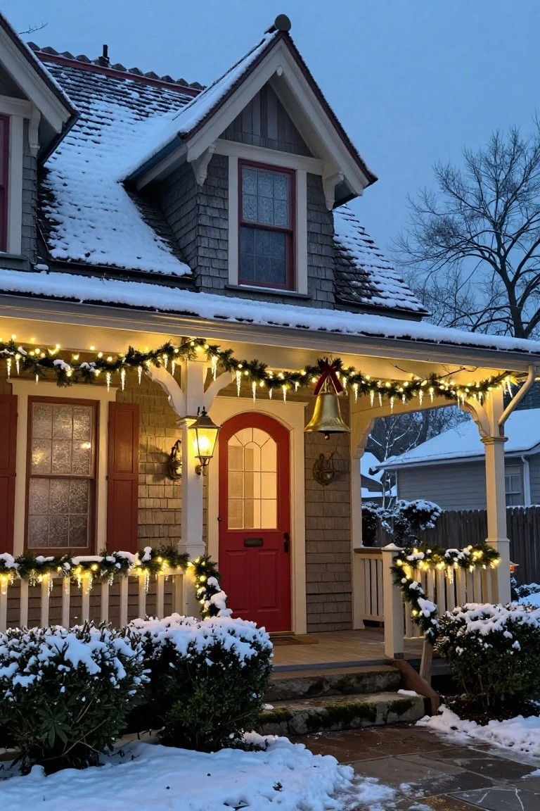 Snowy shingle house exterior at dusk with red arched front door on a porch decorated with warm white string lights, evergreen garlands, icicle lights, and a large brass bell.