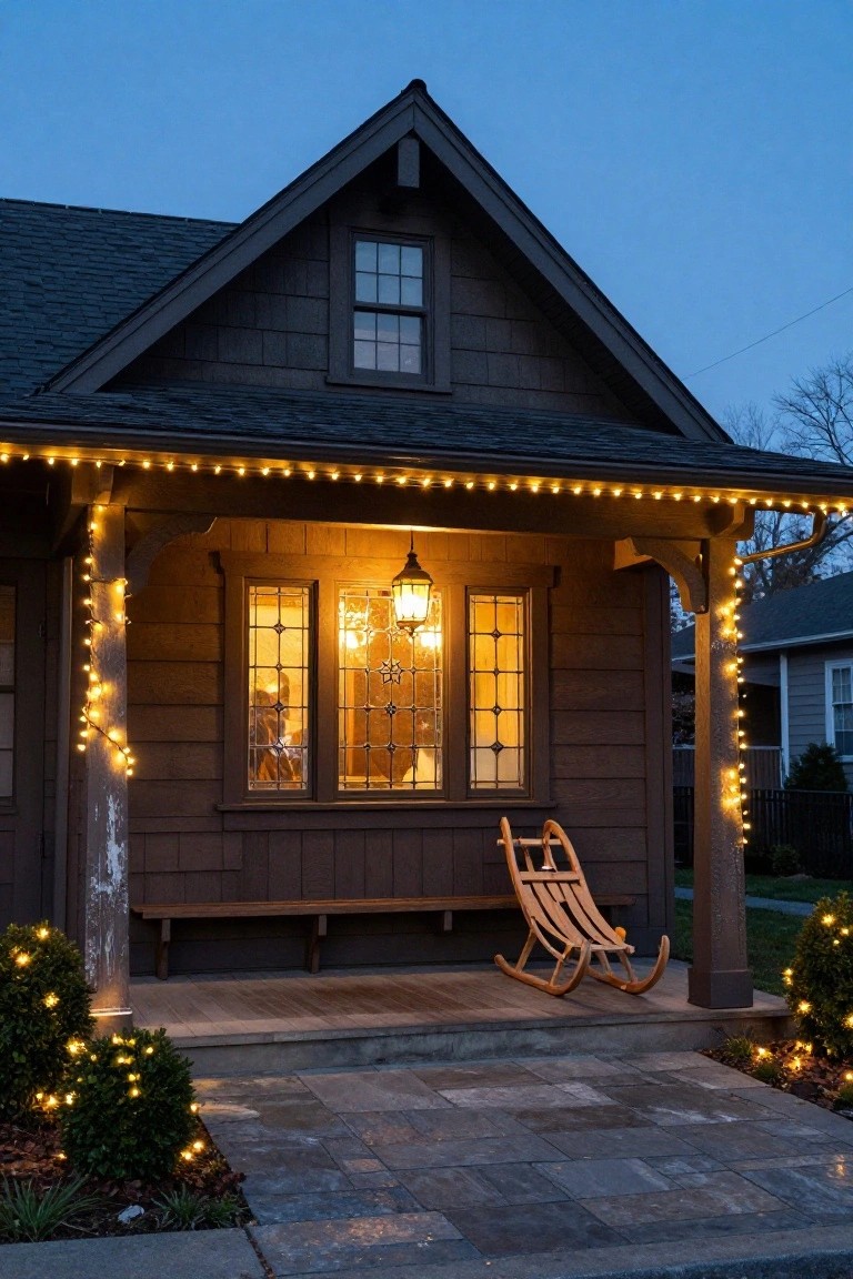 Dark shingled Craftsman-style bungalow house exterior at dusk with string lights along eaves and porch posts, a hanging lantern by the window, wooden bench and rocking chair on the porch, and lit bushes by stone steps.