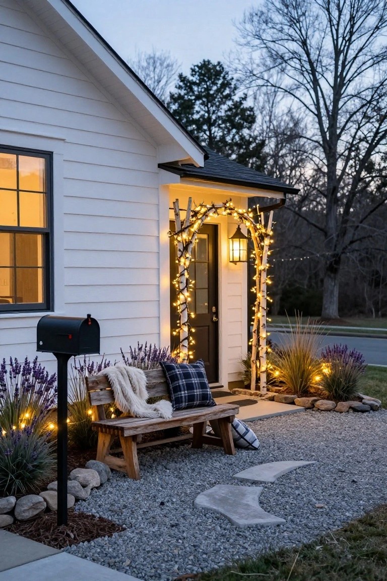 White clapboard house exterior at dusk featuring a birch branch arch over the black front door wrapped in string lights, a hanging lantern, wooden bench with pillows and blanket beside lit lavender plants on a gravel path with stone steps.