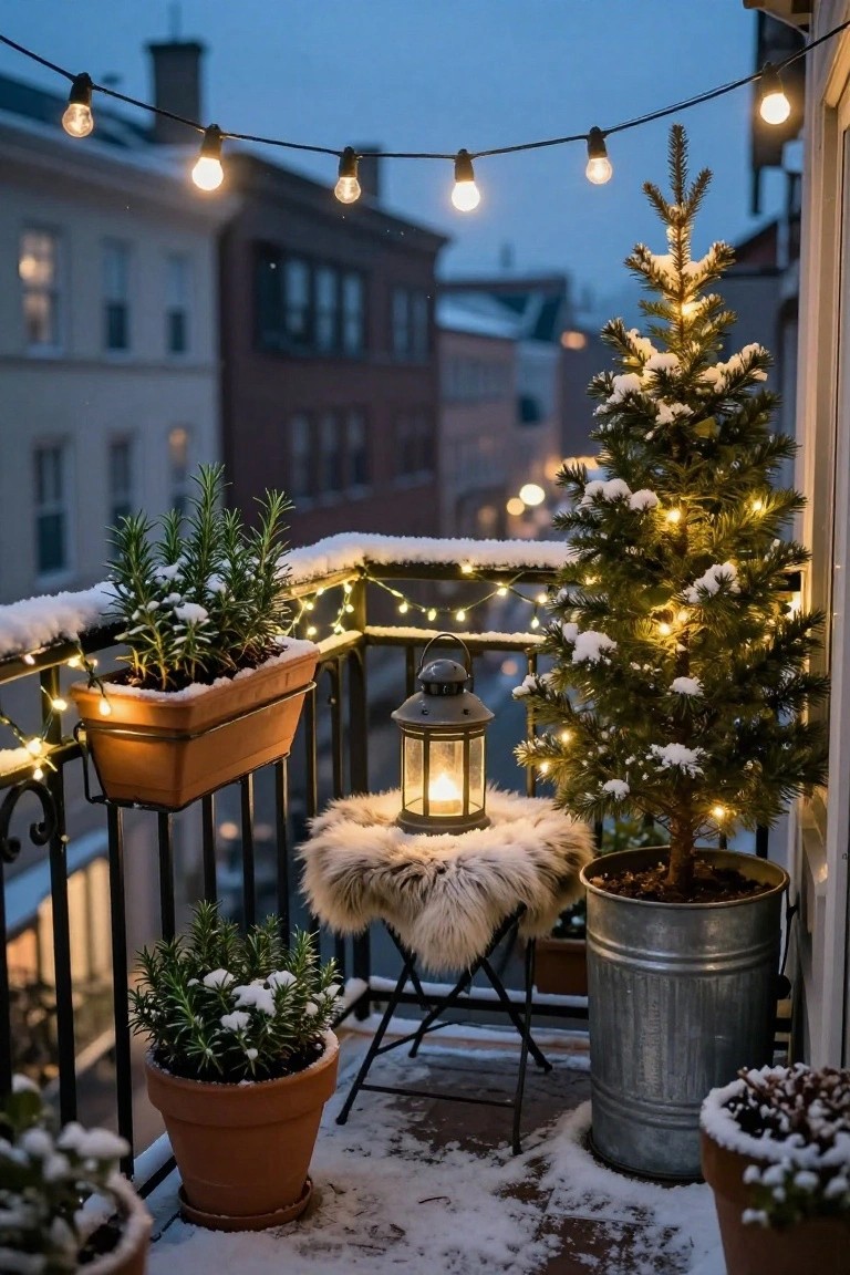 Snow-covered balcony at dusk with string lights along the black metal railing, a small lit Christmas tree in a metal bucket, potted rosemary and other plants, a lantern on a white faux fur stool, and city buildings in the background.
