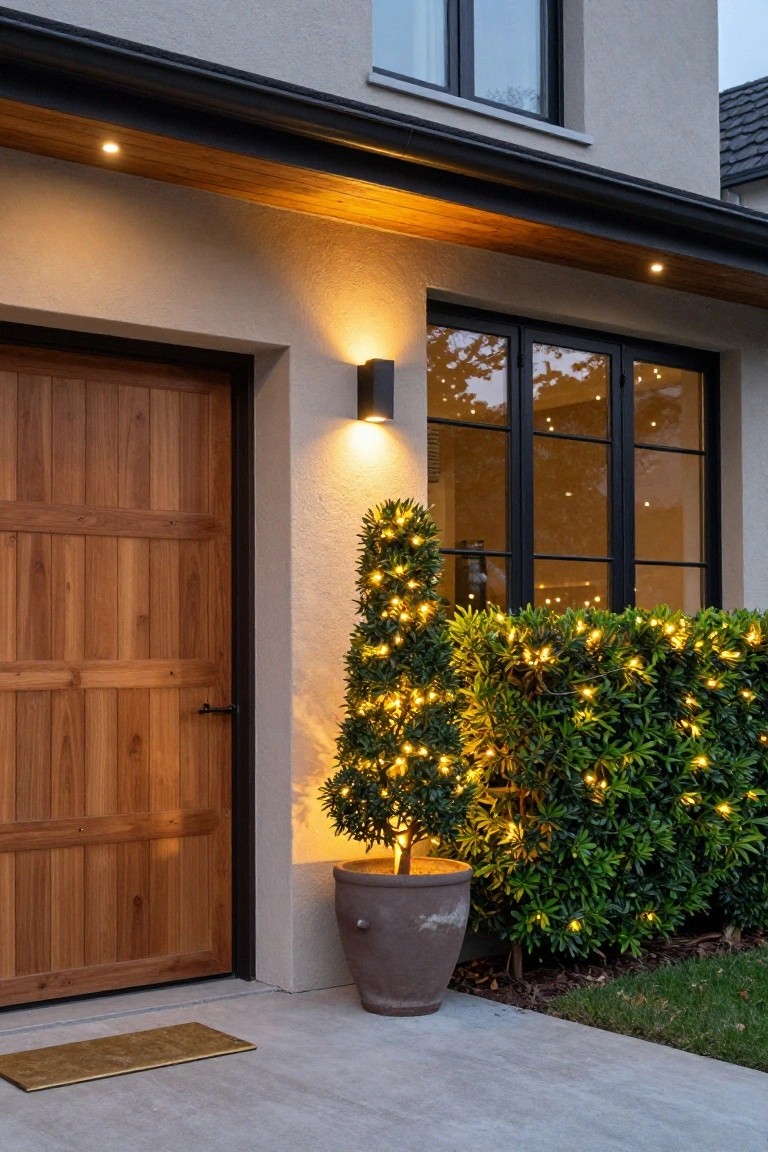 Beige stucco house exterior with wooden garage door, wall-mounted lights, large potted topiary and hedge wrapped in warm string lights, black-framed windows, and concrete driveway at dusk.