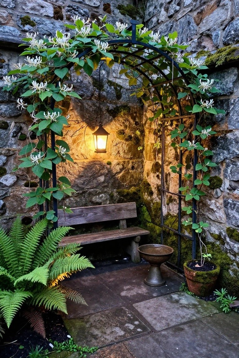 Stone-walled outdoor alcove with black metal arched trellis covered in green vines and white star-shaped flowers, wooden bench, hanging lit lantern, green ferns, metal pedestal bowl, potted plants, and stone pavers.