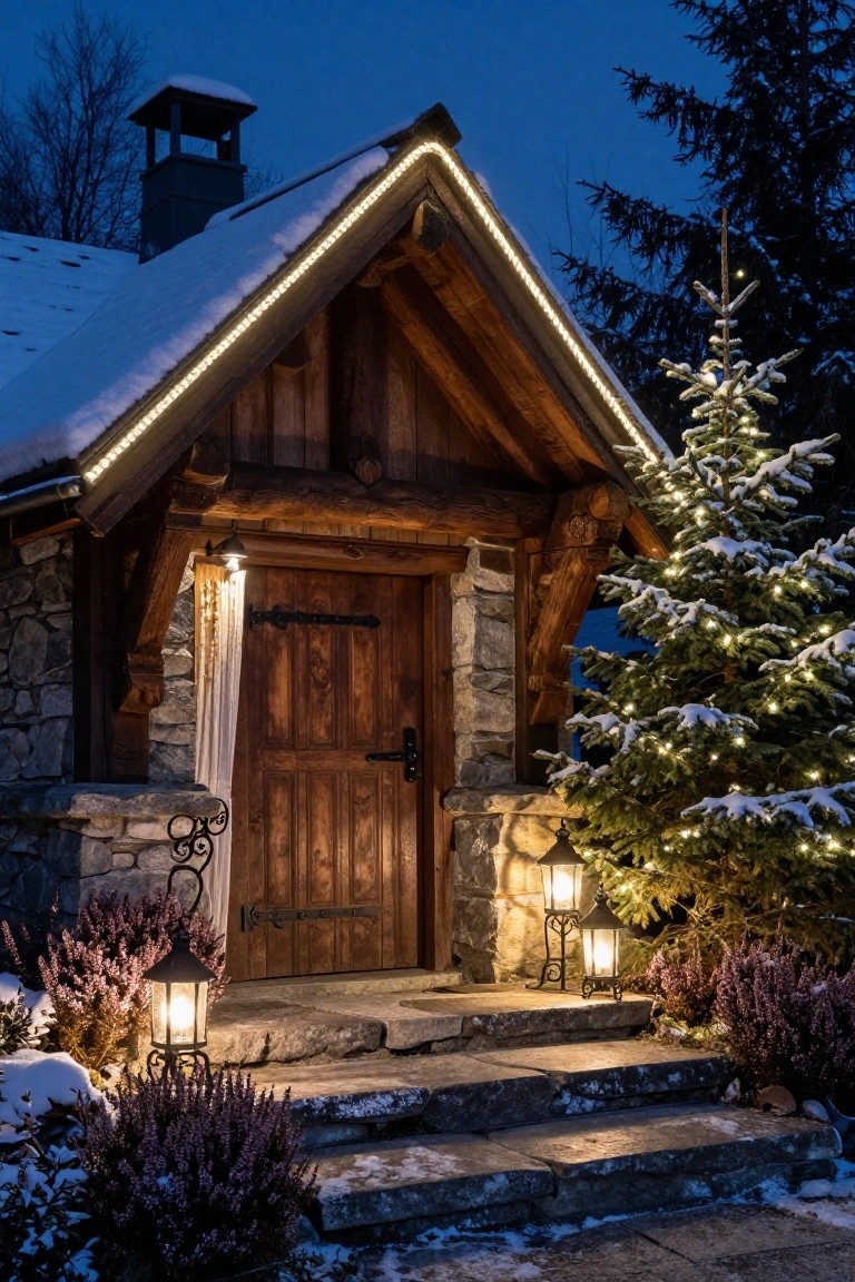 Snowy chalet-style cabin exterior at dusk with white string lights along the roofline, wooden facade and door, stone accents, lit lanterns by the entry steps, and a decorated Christmas tree nearby.