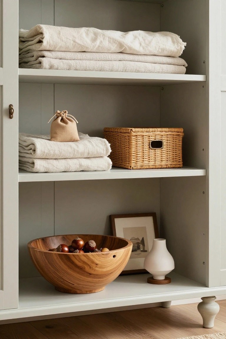 Gray wooden cabinet with glass doors open, shelves displaying stacked beige linen towels, tan drawstring pouch, wicker basket, large wooden bowl filled with chestnuts and acorns, framed sepia photo, white ceramic vase on wood base, and small gray pottery jar on wooden floor.