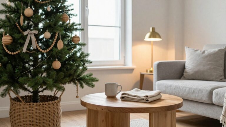 A small potted Christmas tree decorated with wooden bead garlands, wood slice ornaments, textured beige balls, and ribbons stands in a minimalist living room corner next to a wooden side table with a gold lamp and mug, a beige armchair, and a seagrass basket base.