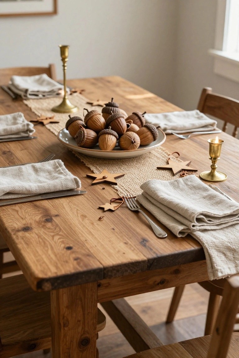 Close-up of a rustic wooden dining table set for a meal with a white bowl of acorns as centerpiece, wooden star ornaments, burlap runner, linen napkins, silverware, brass candlesticks, and wooden chairs.