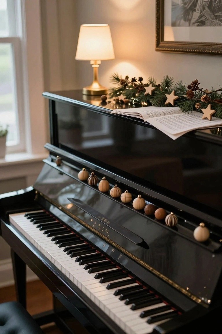 Black grand piano with wooden Christmas ornaments in various natural tones lining the front edge, pine garland with pinecones and stars on top, open sheet music nearby, lamp and window in background.