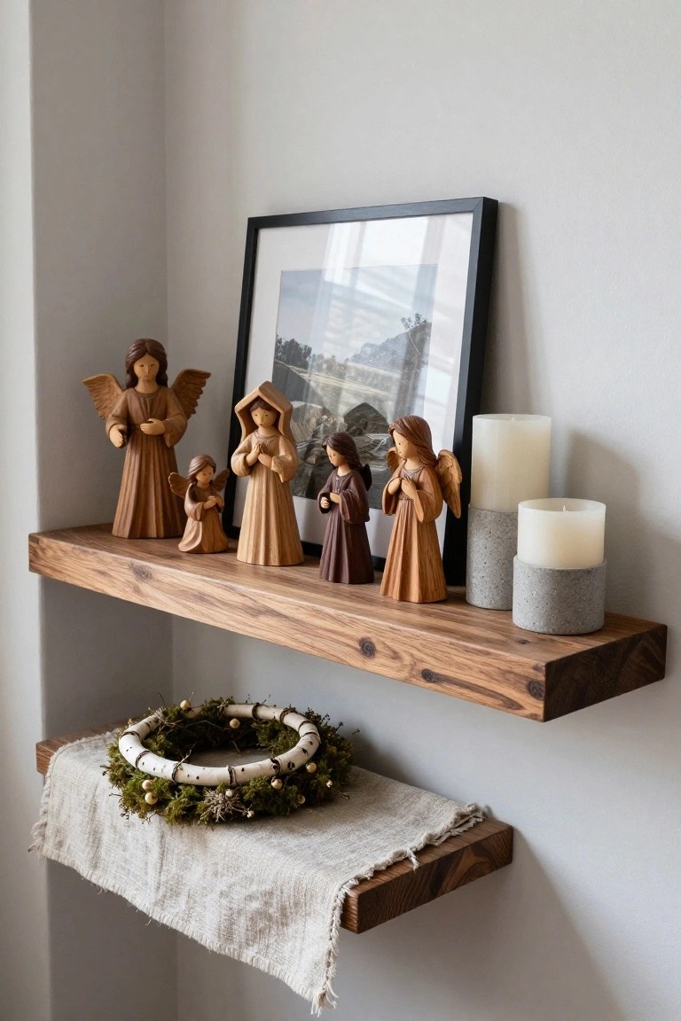 Floating wooden shelf in a light gray corner displaying several carved wooden angel and robed figure statues, a black-framed photo, white pillar candles on gray bases, with a moss and birch wreath on linen fabric on a lower shelf.