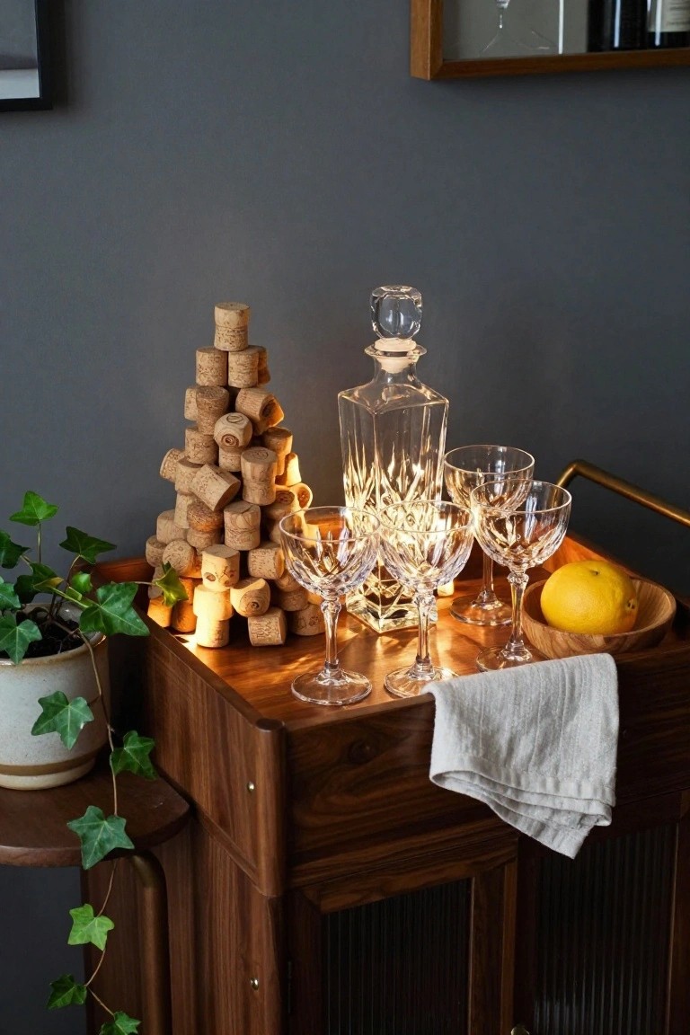 Wooden bar cart with a tower of stacked wine corks shaped like a Christmas tree, crystal decanter and glasses, lemon in wooden bowl, linen cloth, and potted ivy plant nearby against a dark wall.