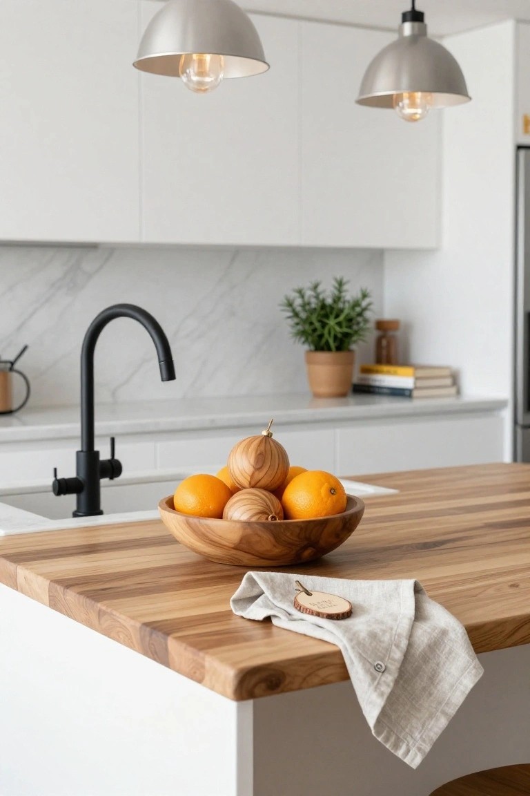 Modern white kitchen island with wooden countertop holding a carved wooden bowl of oranges and onions, a gray linen napkin draped over the edge with a round wooden tag labeled 