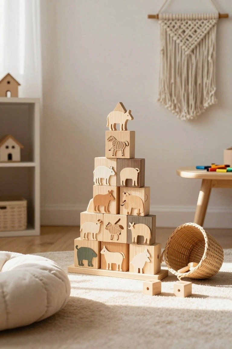 A tall pyramid-shaped tower made of wooden blocks with carved animal figures stands on the floor of a light, neutral playroom next to a low table, cushions, and scattered wooden toys.