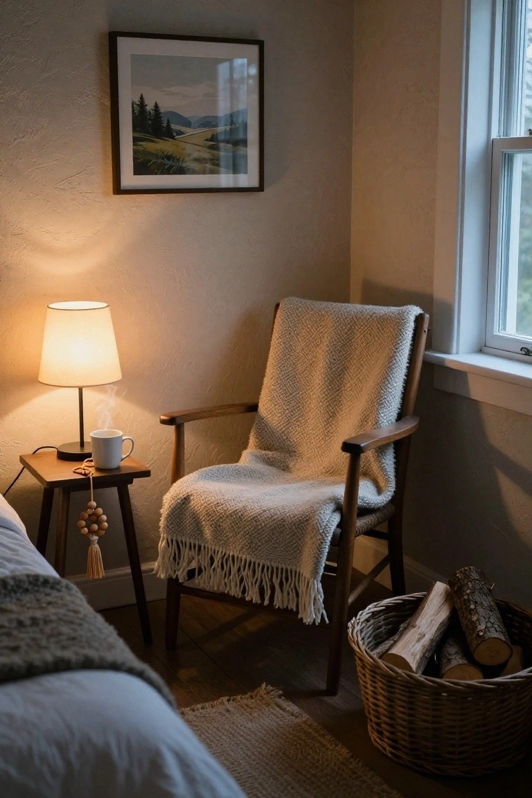 Wooden armchair with beige blanket in a softly lit bedroom corner, side table with steaming white mug, hanging wooden bead garland with tassel, lamp, landscape painting on wall, basket of firewood on floor.