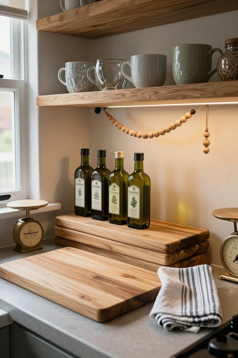 Kitchen shelf with white mugs, glassware, olive oil bottles with herbal labels, stacked wooden cutting boards below, wooden beaded garland hanging from shelf edge, brass scales on counter.