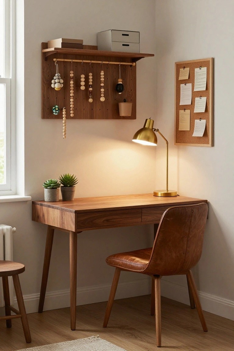 Cozy indoor corner with wooden desk, brown leather chair, wooden wall shelf holding boxes and hanging bead strands in various colors, two potted succulents, gold desk lamp, and corkboard with notes.