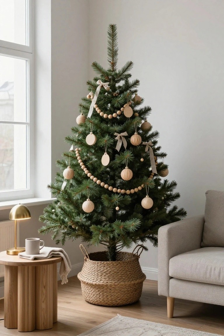 A small potted Christmas tree decorated with wooden bead garlands, wood slice ornaments, textured beige balls, and ribbons stands in a minimalist living room corner next to a wooden side table with a gold lamp and mug, a beige armchair, and a seagrass basket base.