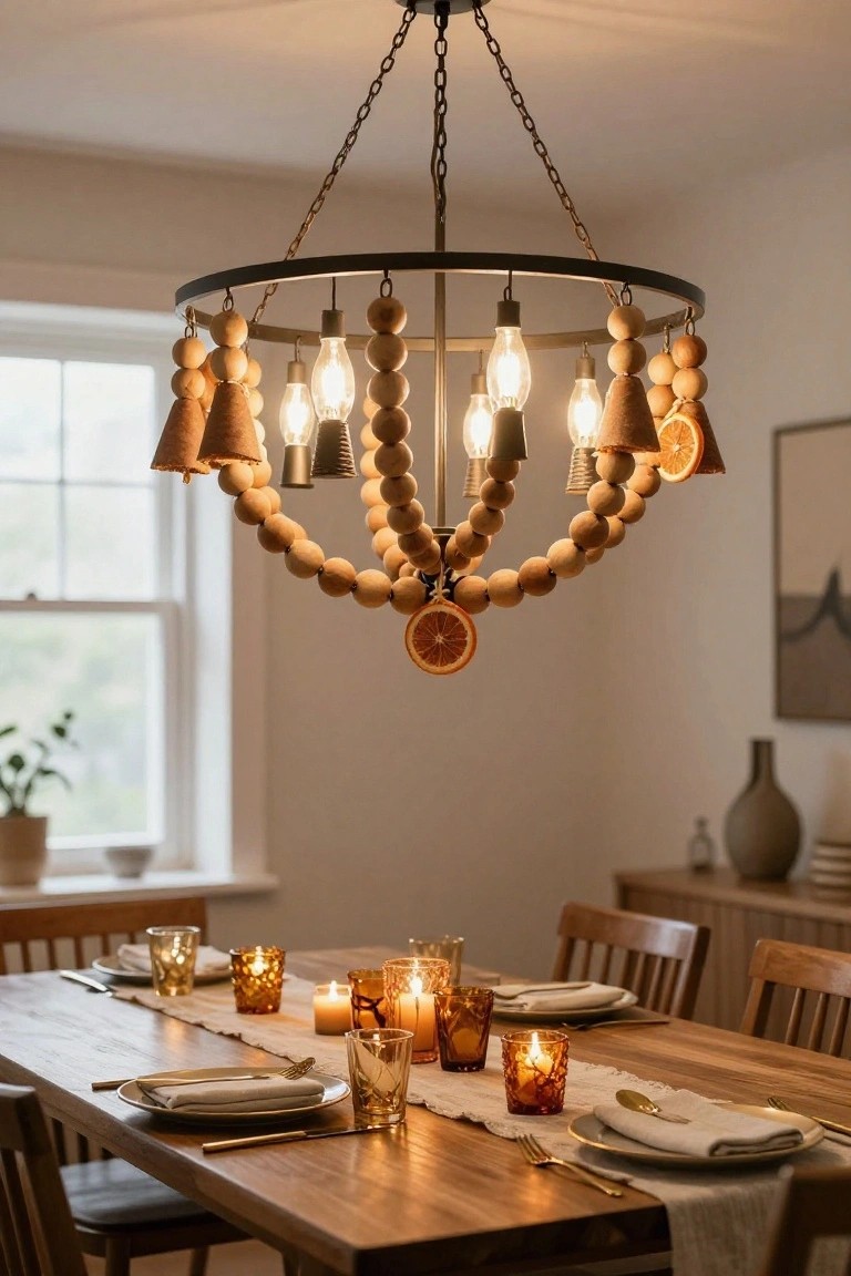 Dining room featuring a black metal chandelier with wooden beads, cone shapes, and dried orange slices hanging over a wooden table set with plates, glasses, candles, and linen napkins.