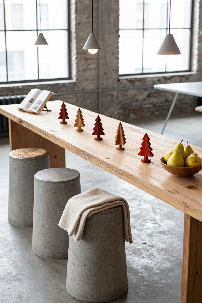 Long wooden table in industrial interior with exposed brick walls and large windows holds open book, several small wooden Christmas tree ornaments in varied tones, and wooden bowl of pears, surrounded by concrete and rattan stools.