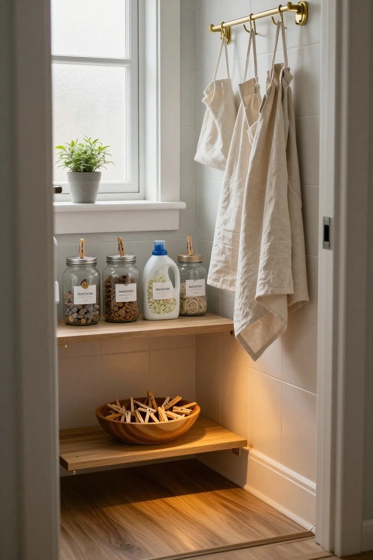Wooden bowl filled with wooden clothespins on a lower wooden shelf in a light laundry nook with jars of laundry supplies, detergent bottles, hanging white linens on brass hooks, and a potted plant by the window.