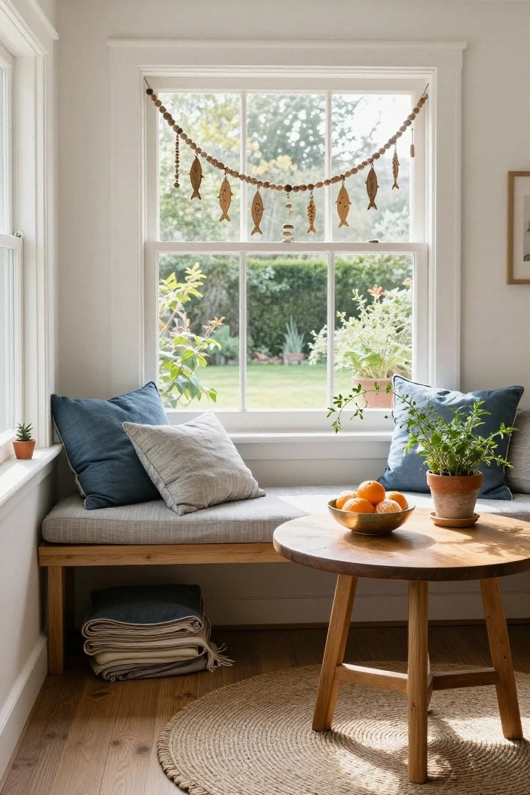 Cozy indoor window seat with blue and gray cushions, wooden side table holding oranges, potted plants on the sill and bench, stacked blankets underneath, and a garland of wooden fish shapes with beads hanging across a large multi-pane window overlooking a garden.