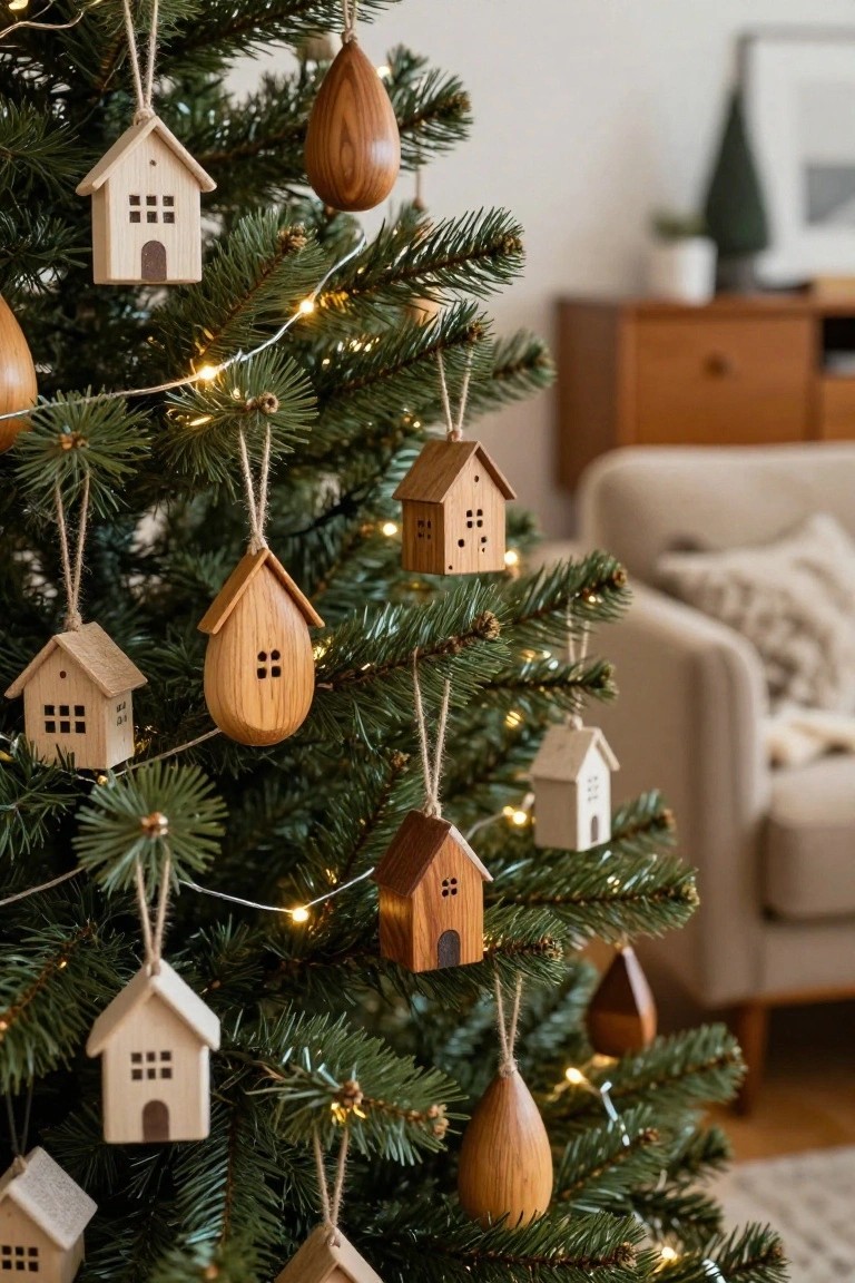 Christmas tree branches decorated with small wooden house and teardrop ornaments in natural wood finishes hanging from jute twine, illuminated by string lights, with blurred living room furniture in the background.