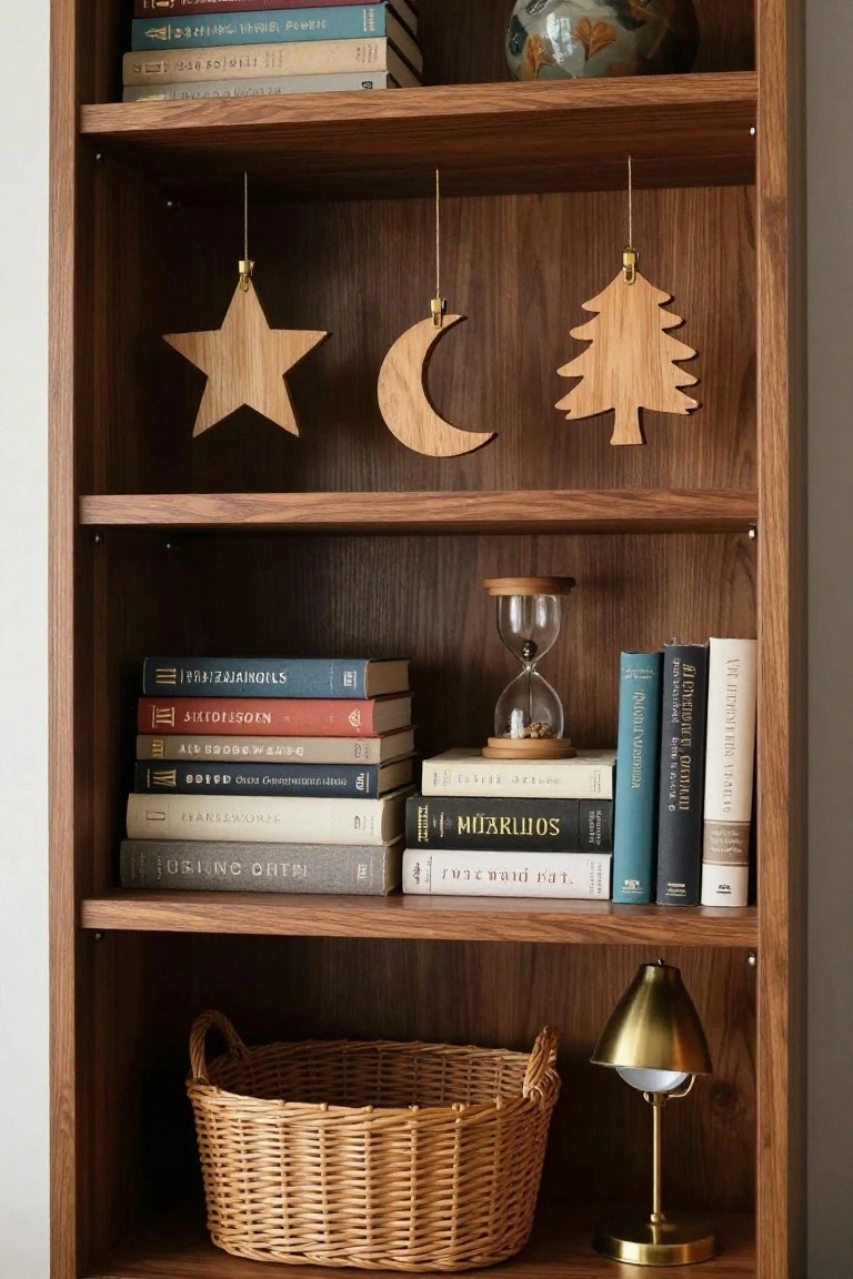 Wooden bookshelf with stacks of books in various languages and colors, hourglass timer, hanging wooden star moon and tree ornaments, wicker basket, and brass lamp on lower shelf.