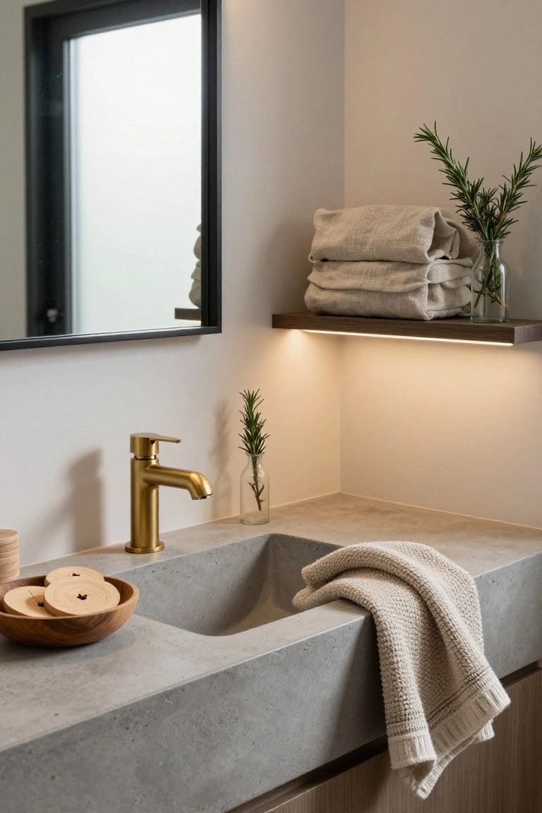 Bathroom vanity with concrete countertop and sink, gold faucet, wooden bowl holding round wooden discs, linen towels draped over the edge, stacked towels and rosemary sprigs on a lit wooden shelf, and black-framed mirror.