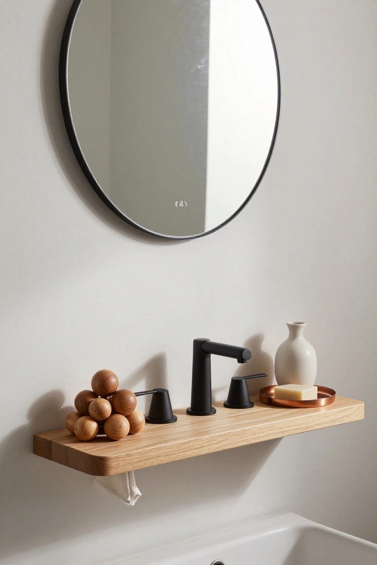Bathroom vanity with white sink, black matte faucet and handles, oak floating shelf holding clustered brown wooden balls, white vase, copper dish with soap, black dispenser, white tissue below shelf, and large round black-framed mirror on white wall.