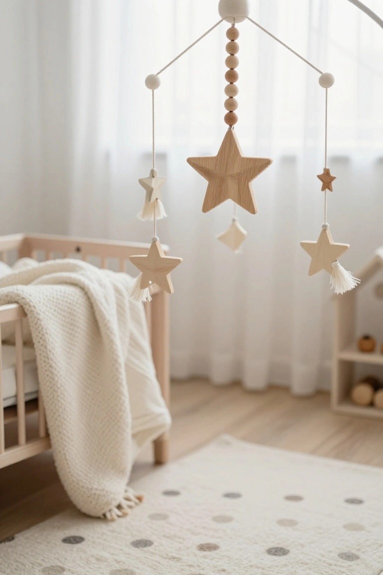 Wooden mobile with multiple star shapes and beads suspended over a pink crib in a light nursery with white blanket, beige rug, and sheer curtains.