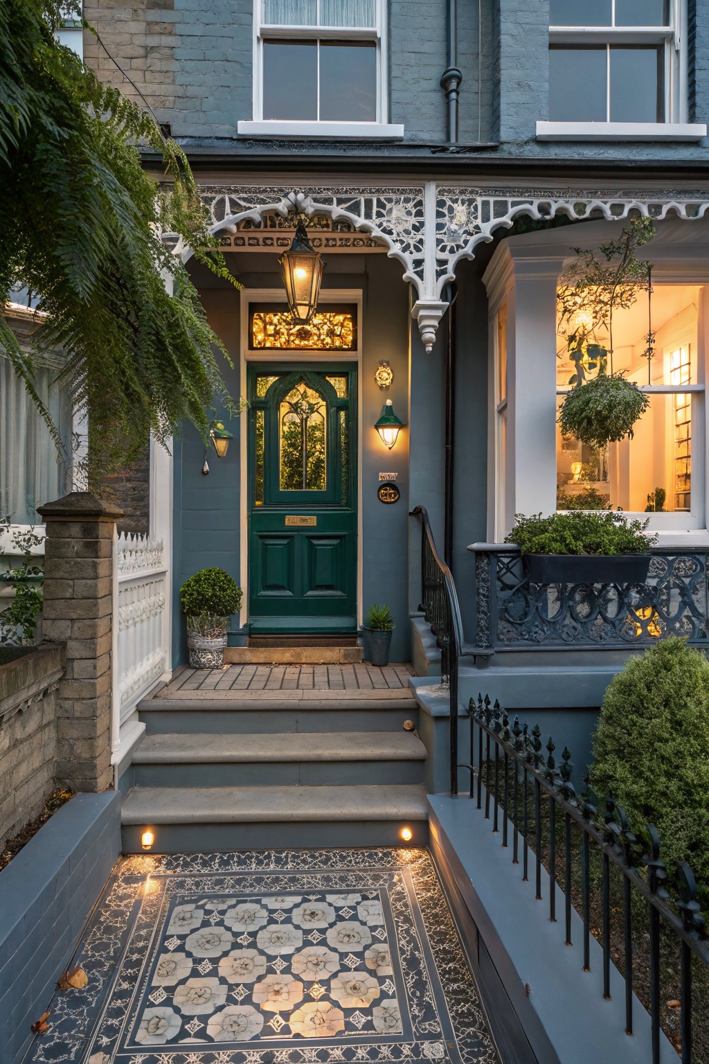 Blue Victorian terraced house exterior with emerald green front door featuring arched stained glass, wall lanterns, potted plants, iron railings, and blue-and-white tiled pathway at dusk.