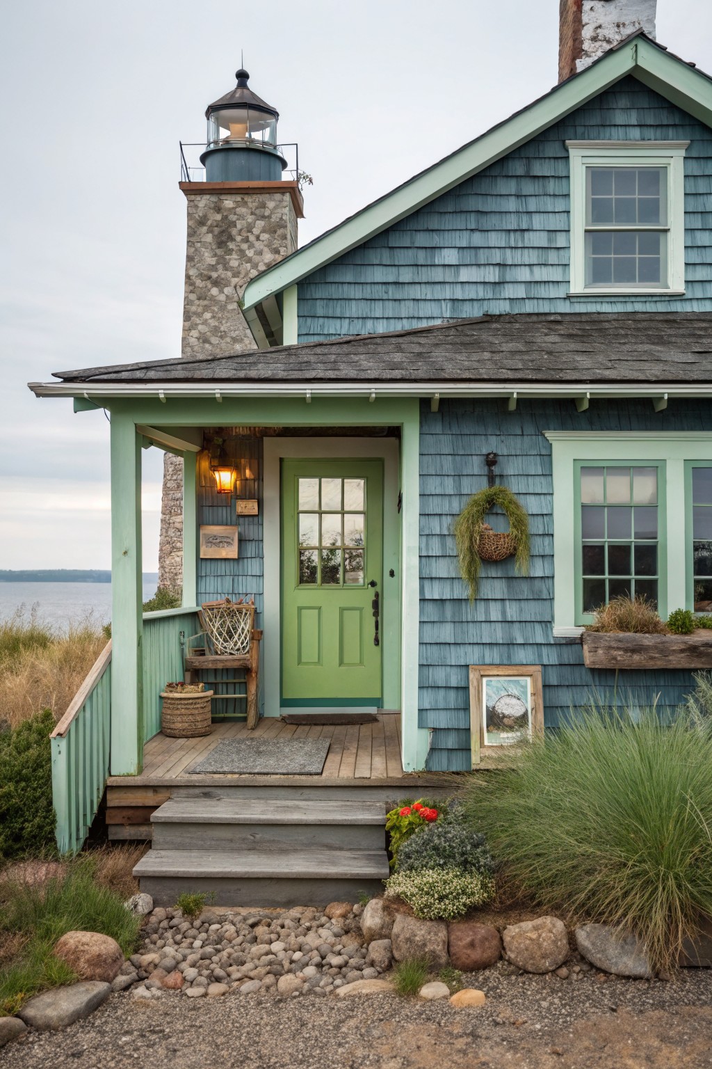 Teal shingled house with attached stone lighthouse tower, mint green eight-panel front door with glass upper section on a covered porch, wicker chair and baskets nearby, overlooking lake with grasses, rocks, and plants in foreground.