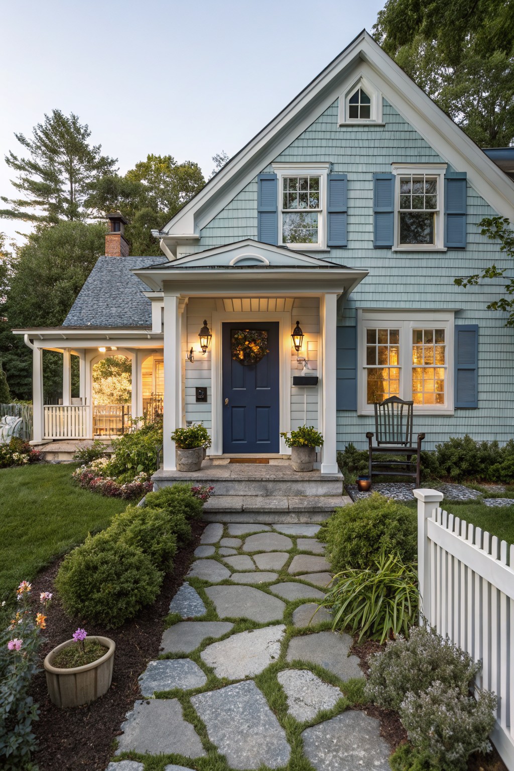 Light blue shingle-style house with navy blue front door on a white porch, flanked by lanterns and potted plants, stone pathway through front yard landscaping, trees in background.