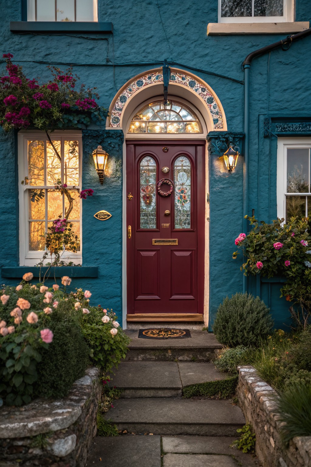 Turquoise stucco house exterior with arched red front door featuring stained glass panels and brass knocker, flanked by lanterns, pink bougainvillea and rose bushes, and stone steps.