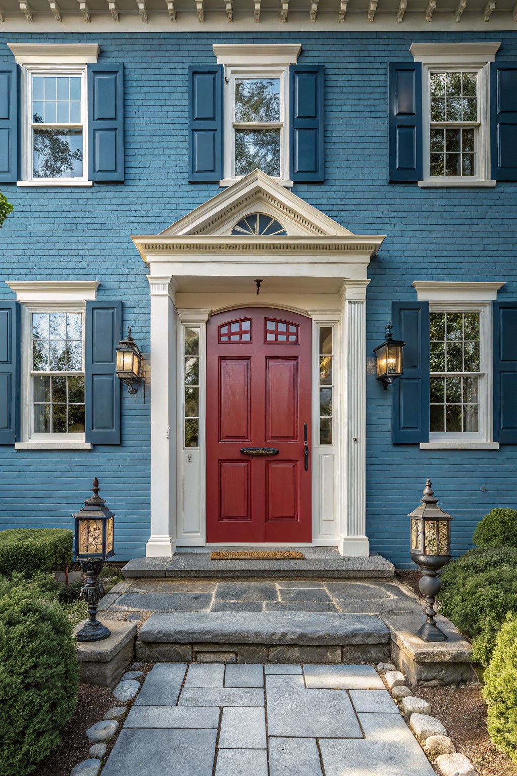 Blue shingle-sided house with white trim and pediment over a centered red arched paneled front door, flanked by columns, blue shutters on windows, iron lanterns, and stone steps with shrubs.
