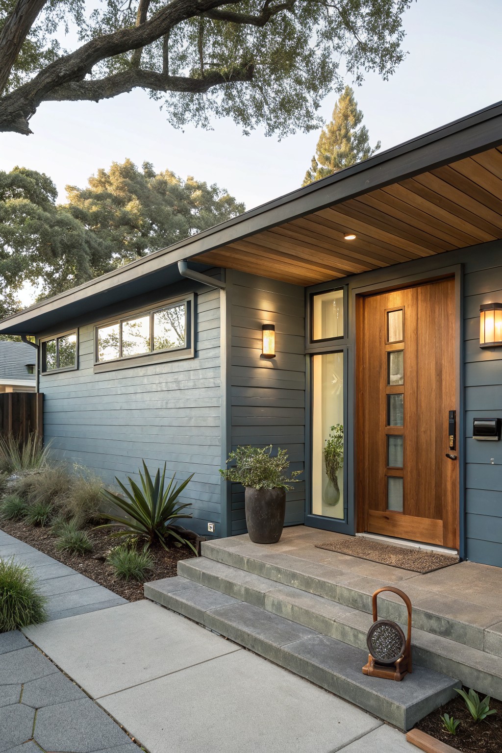 Blue shingled house exterior with wooden front door featuring vertical glass panels, sidelight window, wall-mounted lanterns, potted plants on concrete steps, and pathway leading to entry.