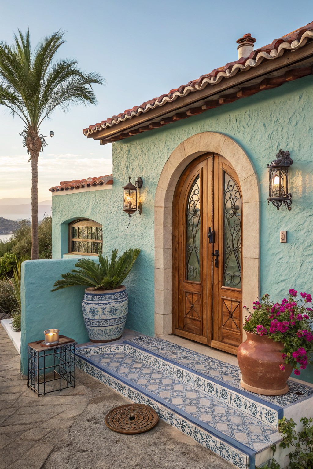 Turquoise stucco house exterior featuring arched wooden double doors with ironwork, flanked by lanterns, blue-and-white vase and potted plants on tiled steps leading to the entry, palm trees, and distant ocean view.