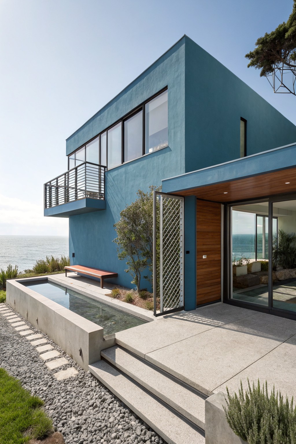 Blue stucco house exterior featuring a wooden entry door with pivoting lattice screen, overhanging wood ceiling, concrete steps, reflecting pool, and landscaping near the ocean.