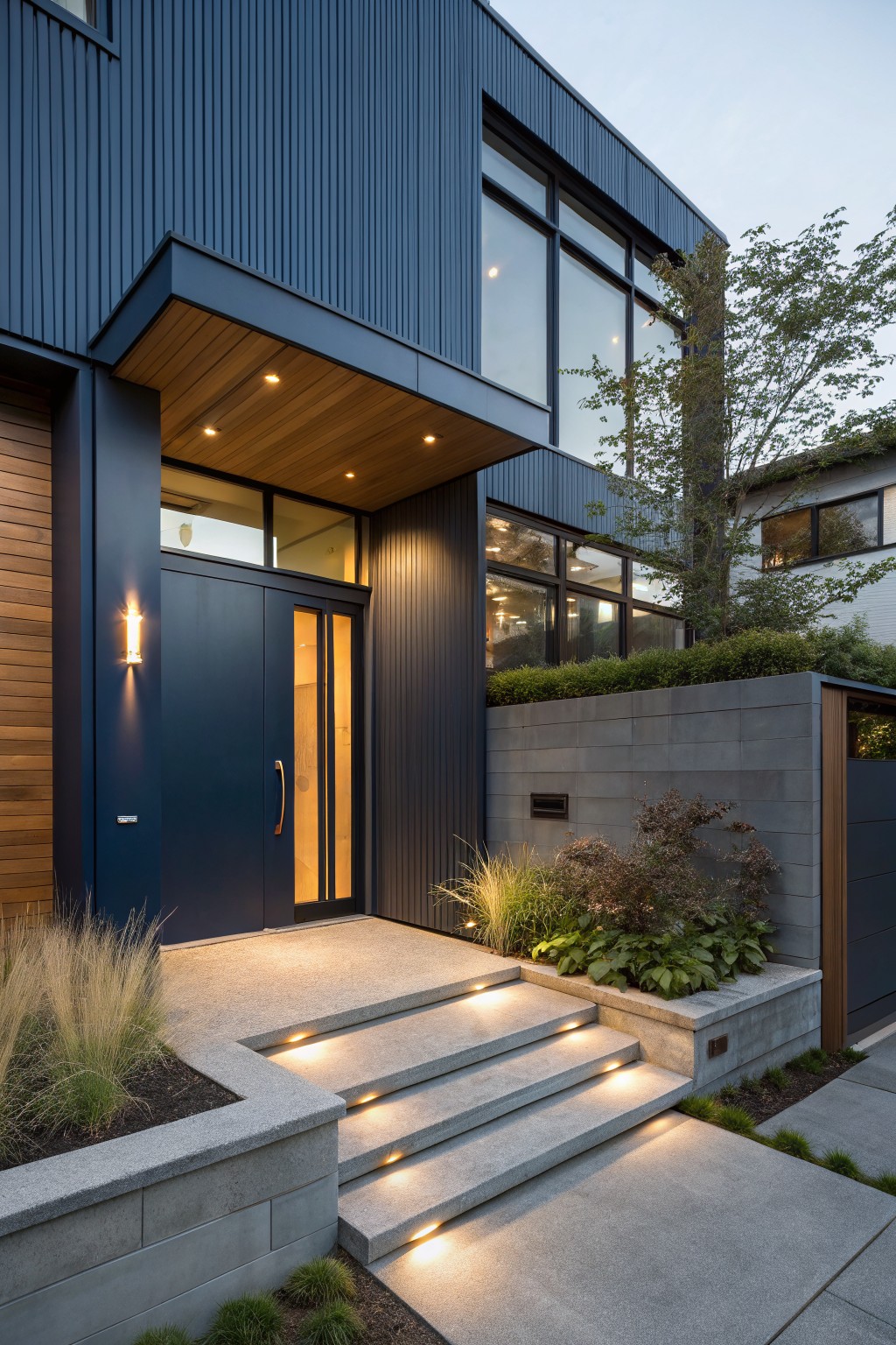 Modern house exterior featuring dark blue corrugated metal siding, a navy blue double door under a recessed wood canopy with integrated lighting, concrete steps with edge lights, and low plantings around the entry.