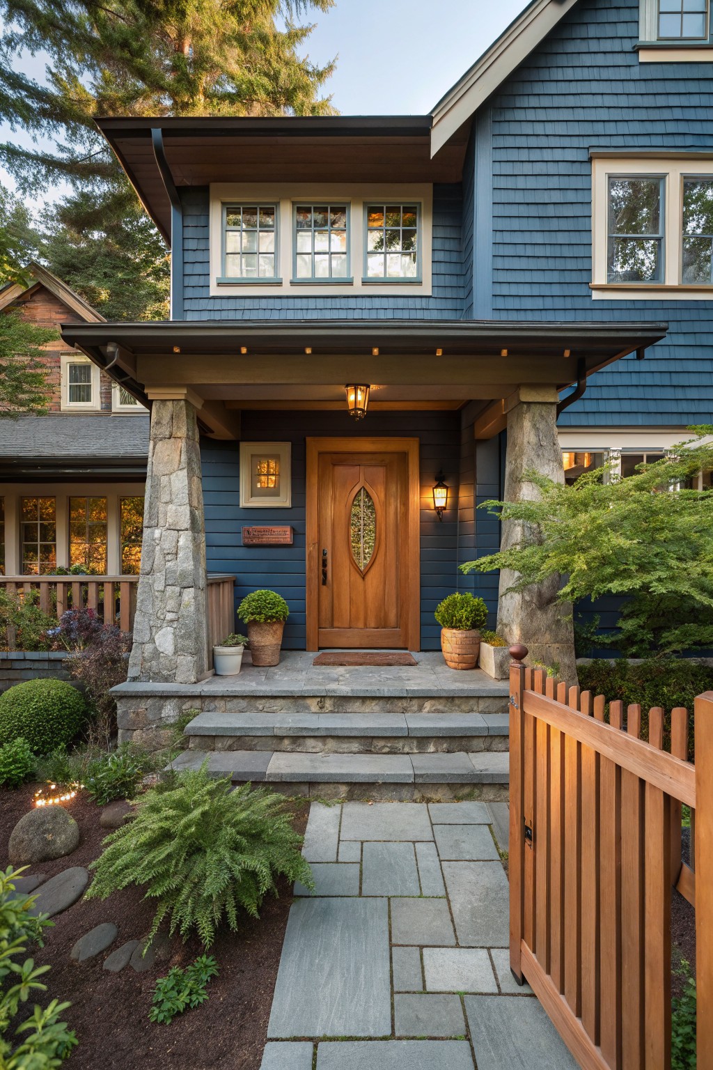Front exterior of a dark blue shingle house featuring a wooden door with arched leaf window, flanked by stone pillars, bluestone steps, potted plants, garden bed, and wooden gate.