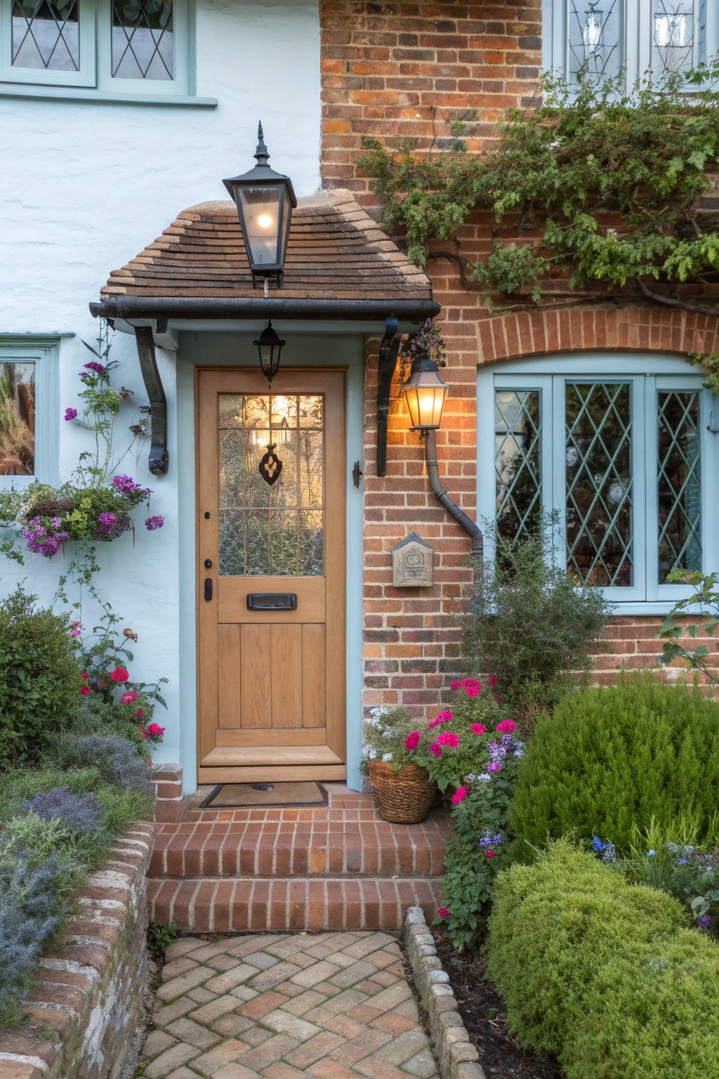 Front exterior of a pale blue house with red brick accents, wooden door with glass panels and heart knocker, lantern lights on a porch canopy, flower baskets, and garden plants along a brick path.